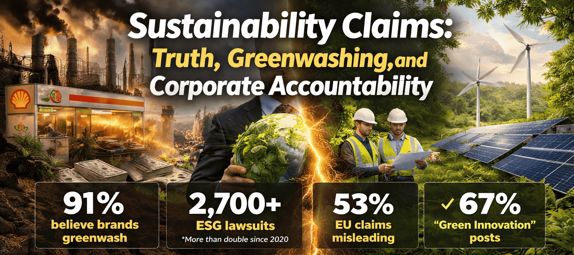 Sustainability infographic showing split between polluting industry and clean energy, with centered text highlighting greenwashing statistics and corporate accountability