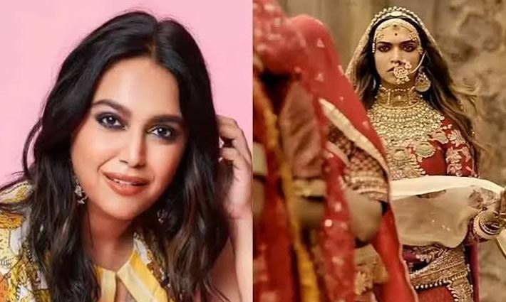 Swara Bhasker speaking at panel event beside a still of Rani Padmavati from Padmaavat, Jauhar comment controversy