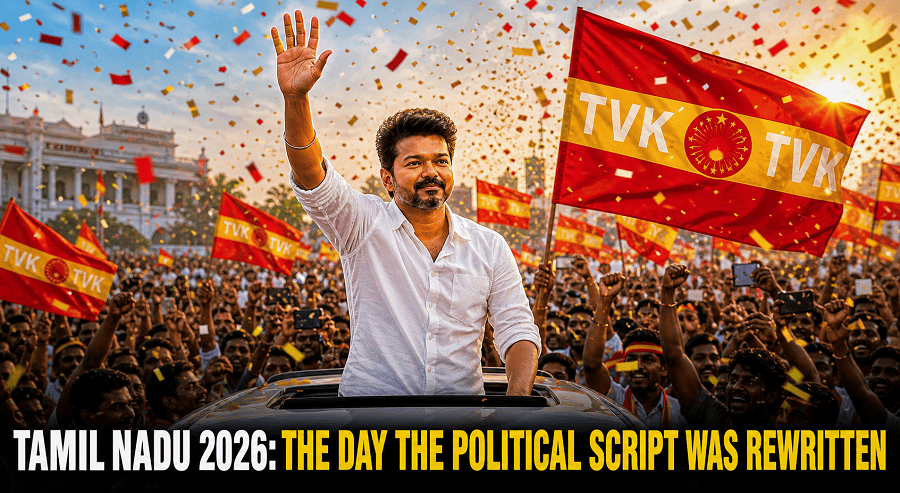 Vijay greets cheering TVK supporters amid flags and confetti at a rally marking the Tamil Nadu 2026 election victory.