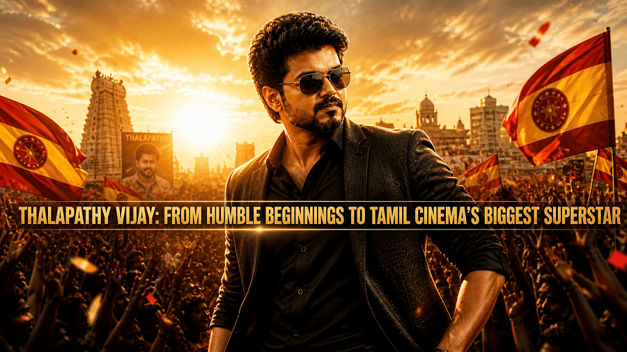 Thalapathy Vijay cinematic poster with crowd, golden sunset, and superstar aura