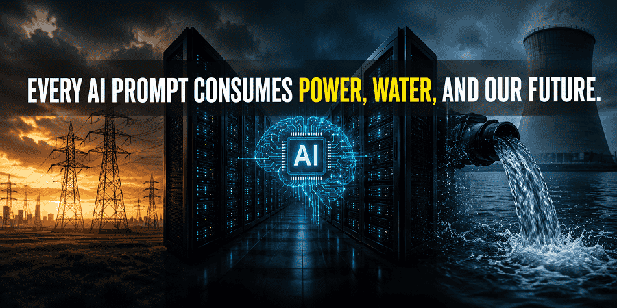 Futuristic data center and power grid showing AI infrastructure with environmental impact, including electricity use, water discharge, and a glowing AI brain symbol in the center.