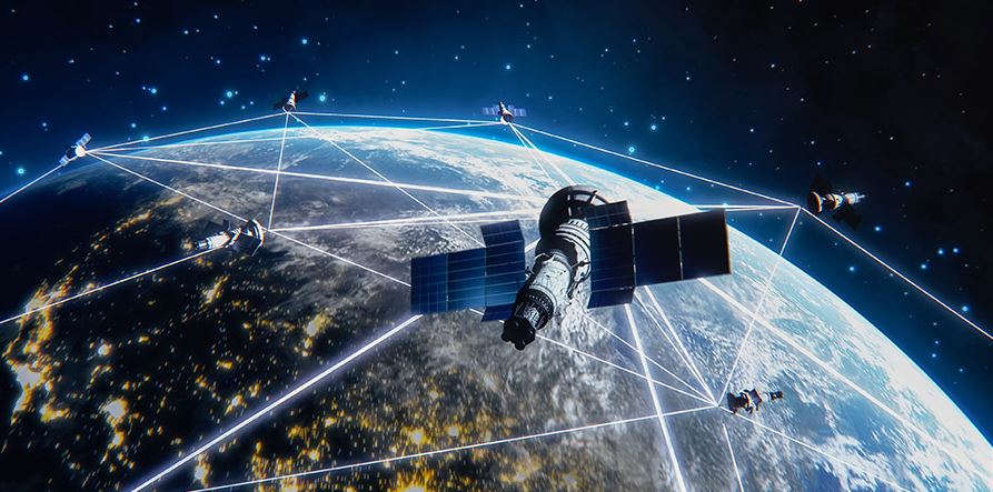 A network of satellites orbiting Earth, connected by glowing communication links, illustrating a global satellite internet system providing worldwide connectivity from space.