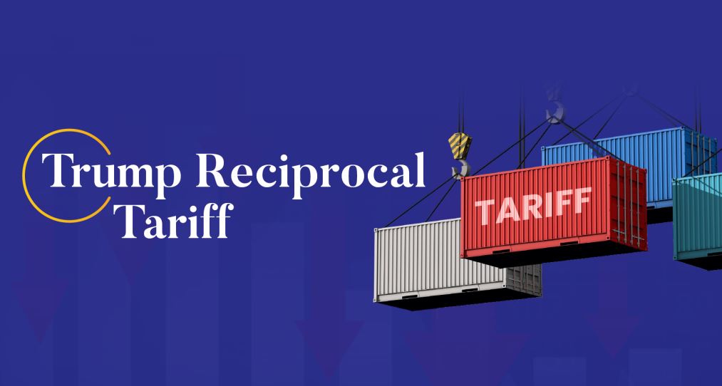 Graphic about Trump’s reciprocal tariffs featuring shipping containers and a container labeled “Tariff.”