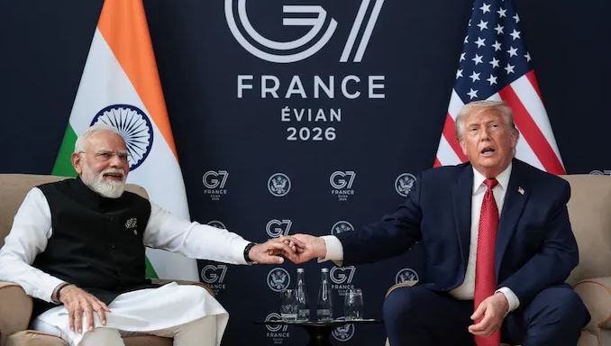 Narendra Modi and Donald Trump during a bilateral meeting at the G7 Summit in France, focusing on trade, security, and US-India relations.