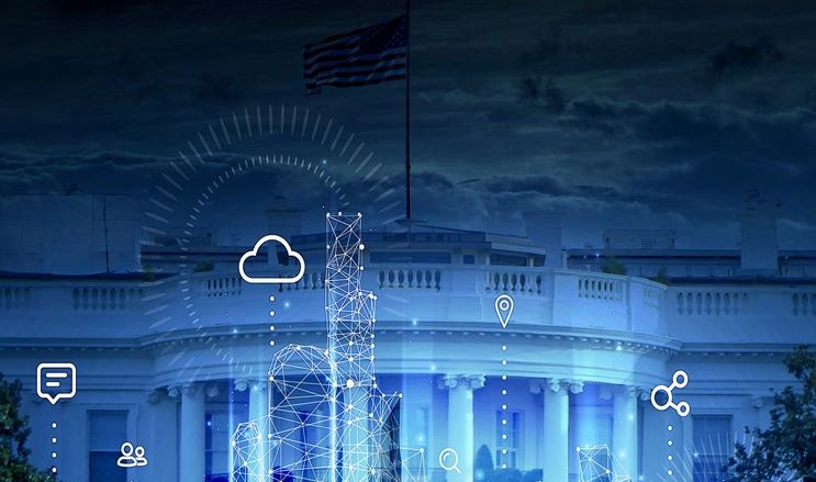 White House with US flag and digital AI network overlay symbolizing government technology, cloud computing, and policy innovation.
