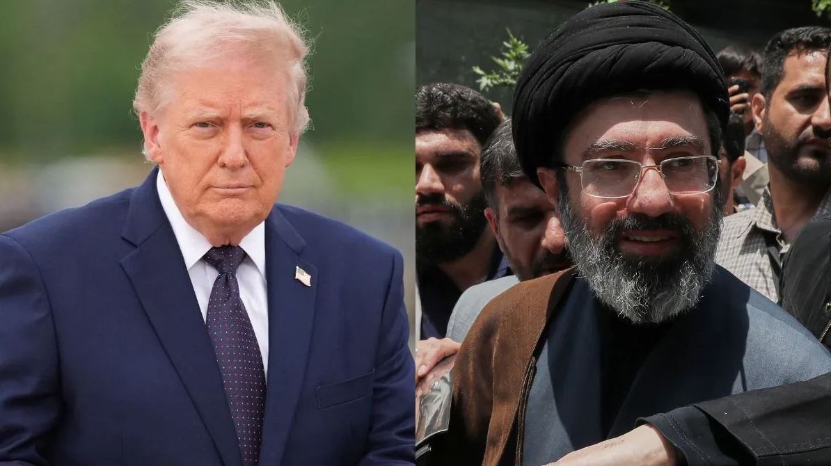Donald Trump and an Iranian cleric featured in a split-image representing US-Iran geopolitical tensions and diplomatic negotiations.