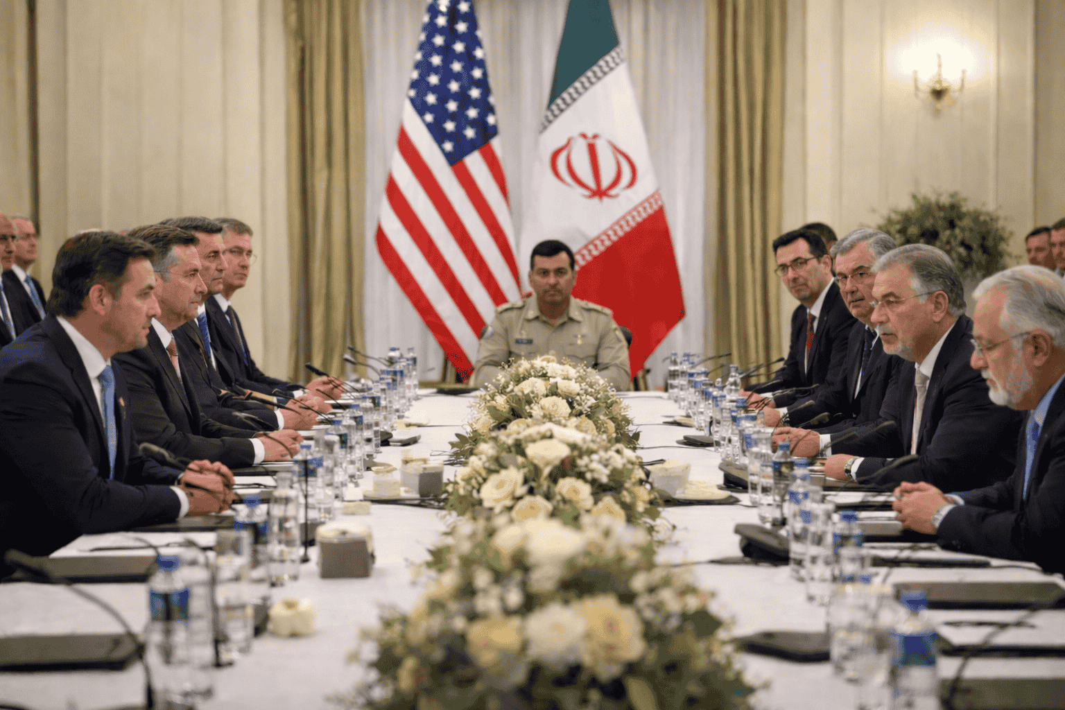 US–Iran ceasefire talks 2026 meeting with flags and diplomats negotiating