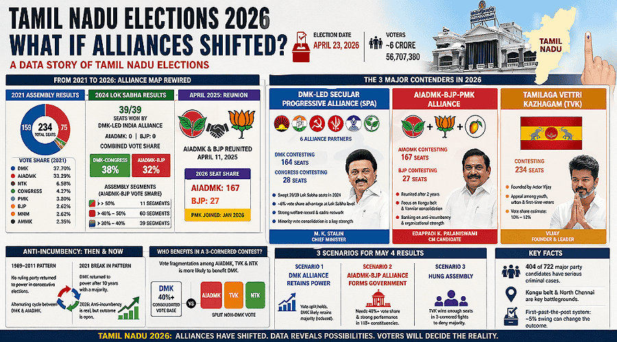 Tamil Nadu Elections 2026 infographic showing alliance shifts, vote share data, and DMK AIADMK BJP TVK scenarios