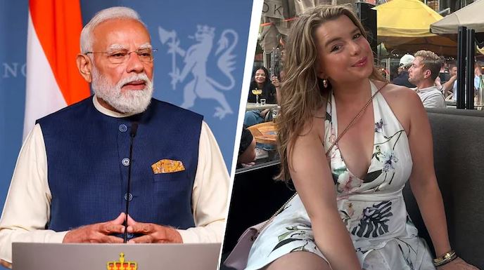 PM Narendra Modi alongside Norwegian journalist Helle Lyng during coverage of the Oslo press freedom controversy and viral media exchange