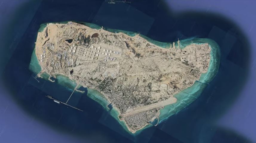 Close-up view of Kharg Island displayed on a digital map screen, highlighting its coastal location in the Persian Gulf.