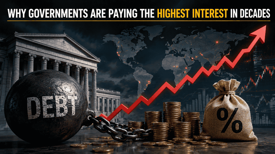 Illustration showing rising government borrowing costs with debt chains, soaring interest rates, stacked coins, and a global financial crisis theme.