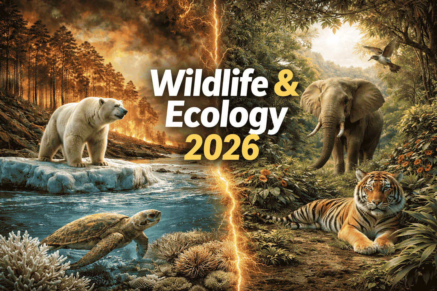 Wildlife and Ecology 2026 concept showing a split scene with climate crisis on one side melting ice, wildfires, and coral bleaching and thriving biodiversity on the other, with central title text