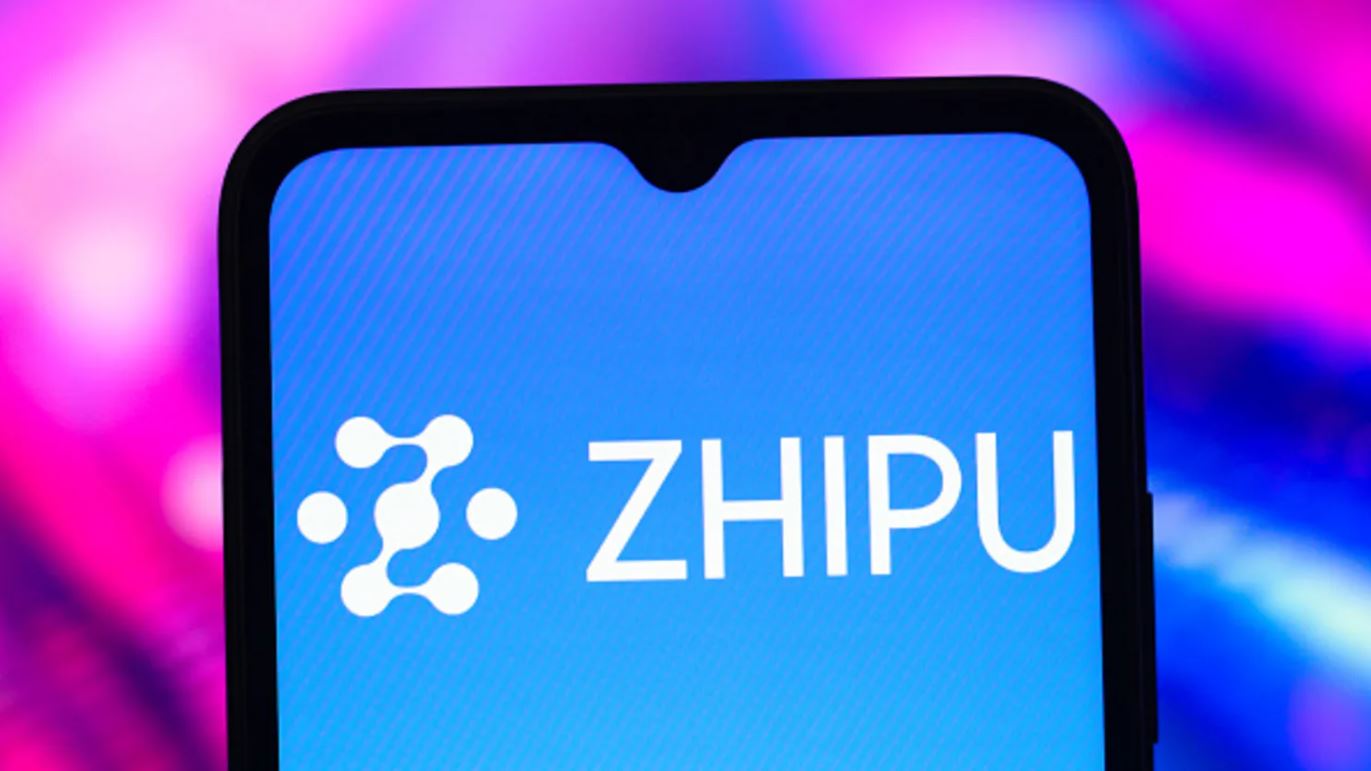 Zhipu AI stock surge after earnings report with smartphone display and AI technology concept background